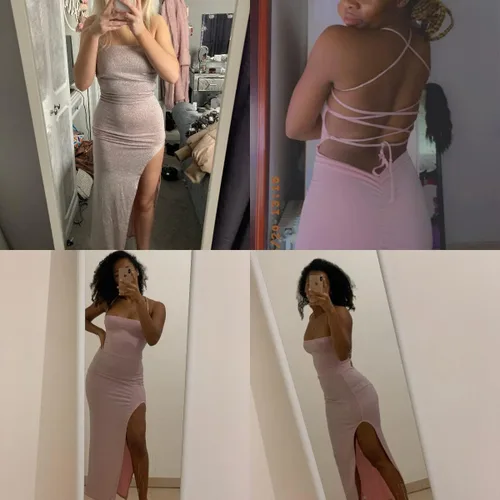 Vista 6 de Vestido largo sexy con tirantes delgados con purpurina para mujer, con cordones, espalda descubierta, con abertura alta, para fiesta, club nocturno