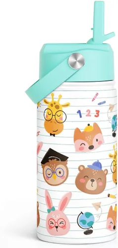 Vista 18 de SANDJEST Botella de Agua para Niños con Tapa de Pajita - 12 Oz Botella de Acero Inoxidable Aislada con Dibujo de Animales para Niños y Niñas - Taza