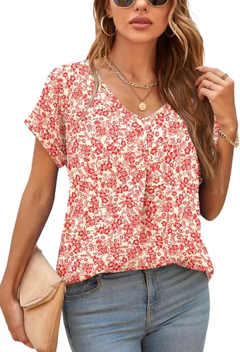 Vista 2 de QUEZHU - Blusas de verano para mujer, elegantes, de gasa, con cuello en V y estilo casual