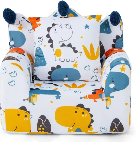 Vista 10 de HONEY JOY Sofá para niños pequeños, silla en forma de corona con almohada adicional, cómodos muebles de sala de juegos para niños con funda
