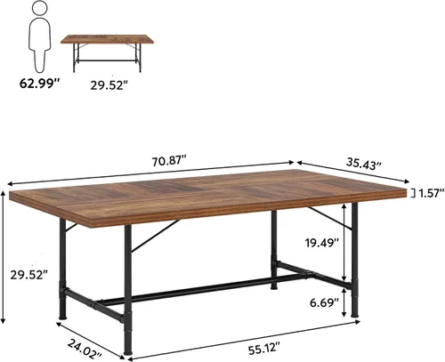 Vista 2 de Tribesigns Mesa de comedor para 6-8 personas, mesa de cocina rectangular de madera de 70.9 pulgadas con marco de metal de tubo, mesa de comedor