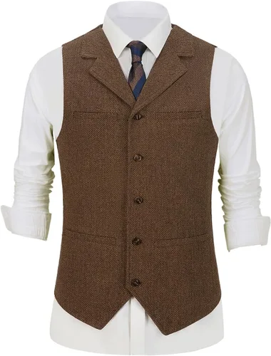 Vista 3 de Chalecos de tweed para hombre envejecidos de caza, chalecos de espiga para boda, retro, casual, lana, negocios, XS-4XL
