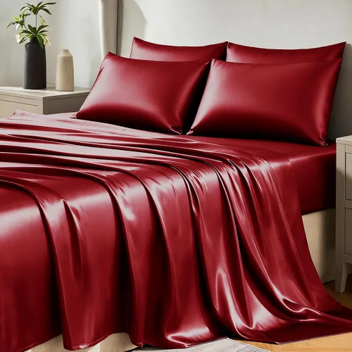 Vista 8 de Juego de sábanas de satén CozyLux de microfibra sedosa con bolsillo profundo, sábana bajera plana y fundas de almohada, suave y suave
