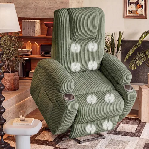 Vista 13 de Furmax Silla reclinable eléctrica con masaje para personas mayores, tela de pana, sillón reclinable individual con portavasos, bolsillos laterales