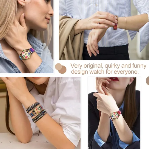 Vista 6 de Relojes para mujer - Boho Hippie para mujer, reloj arcoíris tejido de piel sintética