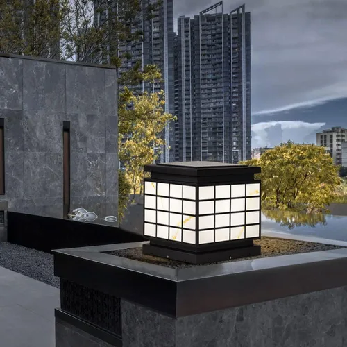 Vista 2 de Poste de lámpara solar Iluminación al aire libre Columna Luces de poste farol con imitación de mármol Pantalla Lámpara de poste exterior para patio