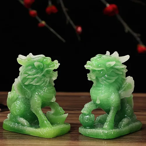 Vista 4 de Estatuas de porsperidad de Feng Shui Kylin/Set de dos verdes Pi Yao decoración china, dinero y buena suerte riqueza escultura verde