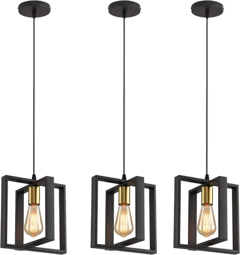 Vista 11 de Luces colgantes negras para isla de cocina, lámpara colgante de farol industrial con pantalla de vidrio transparente, iluminación colgante de altura