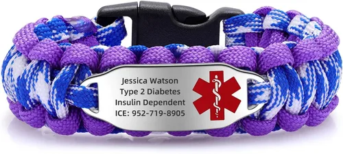Vista 70 de Pulsera de alerta médica Paracord para hombres y mujeres Pulsera de identificación médica de acero inoxidable con hebillas de liberación lateral