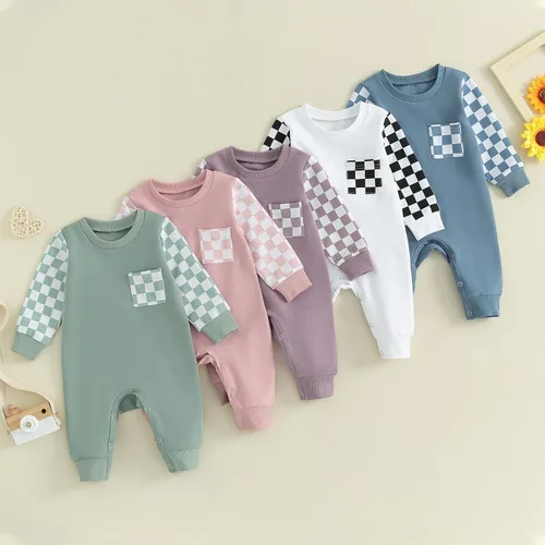 Vista 2 de MAINESAKA Ropa de bebé de tablero de ajedrez, ropa para recién nacido, niño y niña, traje de otoño a cuadros, overol con capucha, sudadera