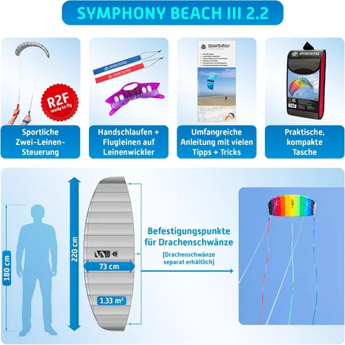 Vista 2 de HQ Symphony Beach III 2.2 - Cometa deportiva de doble línea, arco iris