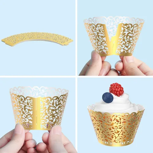 Vista 5 de Gospire 50 envolturas de papel de filigrana con encaje perlado, oro brillante, para bodas, bautizos, aniversarios, compromisos, cumpleaños, baby