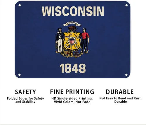 Vista 6 de Letrero de metal de Wisconsin, bandera del estado de Wisconsin, letrero de metal para hogar, estado, país, ciudad, recuerdo, arte de pared, póster