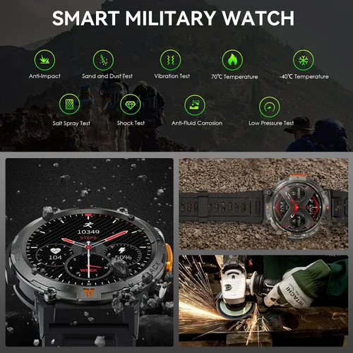 Vista 3 de Reloj inteligente militar para hombres con linterna LED 1.45 "HD Bluetooth