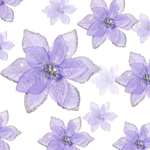 Vista 16 de WILLBOND 36 piezas de flores de Pascua navideñas de 3 tamaños para árbol de Navidad, flores falsas con purpurina, decoración, adornos de flor