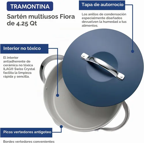 Vista 4 de Tramontina Fiora - Sartén antiadherente de cerámica con tapa de 4.25 Azul