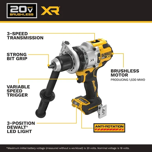 Vista 13 de DEWALT Kit de taladro de martillo inalámbrico de 1/2 pulgada MAX XR de 20 V con batería de 8 Ah y cargador (DCD1007WW1)