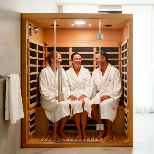 Vista 21 de Sala de sauna de infrarrojo lejano de 1350W para el hogar, sauna de madera canadiense de Hemlock de calentamiento rápido bajo EMF, luz de sauna que