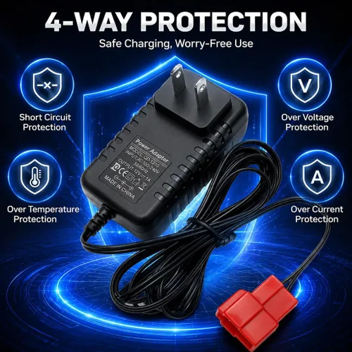 Vista 6 de Cargador de batería de 12 voltios, adaptador de corriente de 1000 mA con enchufe cuadrado rojo e indicador LED, para juguetes de plomo de 12 V