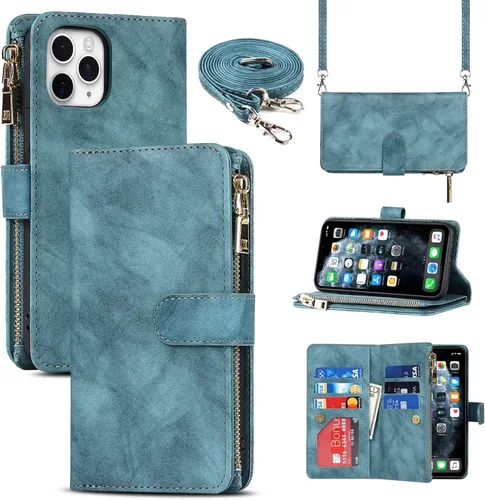 Vista 8 de Funda cruzada para iPhone 11 Pro Max con correa, 6.5 pulgadas, color negro for Women Men,Credit Card Holder,9 Card Slots,Purse,Long Shoulder