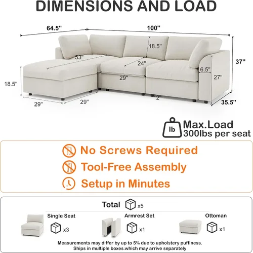 Vista 2 de Sofá modular Cloud de 100 pulgadas con otomana de almacenamiento, sofá de felpilla con brazo curvo, cómodo sofá nube de gran tamaño para sala