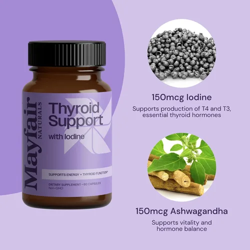 Vista 4 de Apoyo tiroideo con yodo, suplemento natural para mujeres y hombres, apoya la energía y la salud de la tiroides, 60 cápsulas