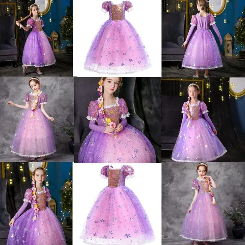 Vista 6 de TPMG Disfraz de princesa Rapunzel para niñas de 3 a 10 años, ropa de disfraces de Halloween para niños, juego de simulación, cumpleaños