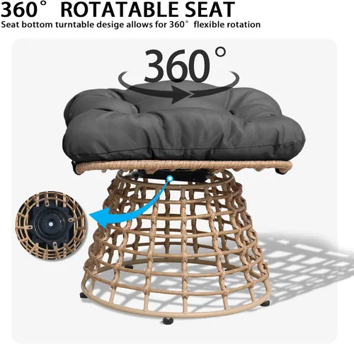 Vista 3 de Otomanas giratorias para exteriores de 2 piezas para reposapiés de patio, otomana de mimbre de ratán de polietileno con cojines, reposapiés