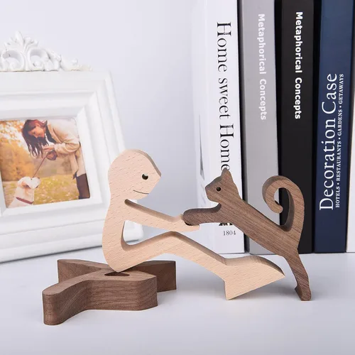 Vista 4 de ISHINE Escultura de madera para hombres y gatos, figuras de animales hechas a mano, decoración de madera, figura coleccionable para oficina en casa