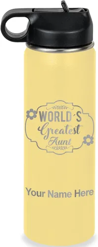 Vista 21 de LaserGram Botella de agua con tapa abatible de doble pared de 12 onzas con pajilla, la tía más grande del mundo, grabado personalizado incluido Negro