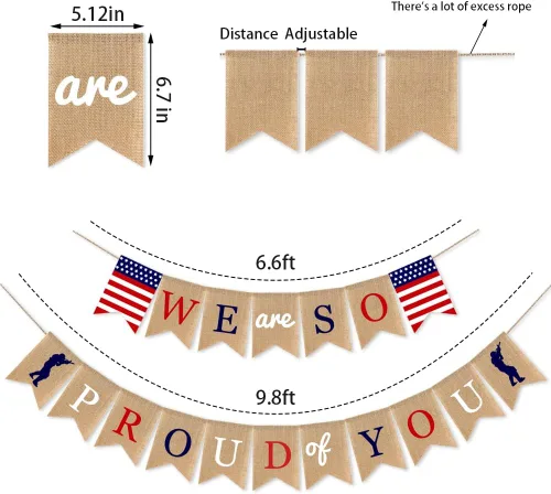 Vista 3 de Decoraciones para fiesta del Día de los Veteranos, bandera estadounidense con la frase "We Are so Proud of You", con soldados patrióticos, Día