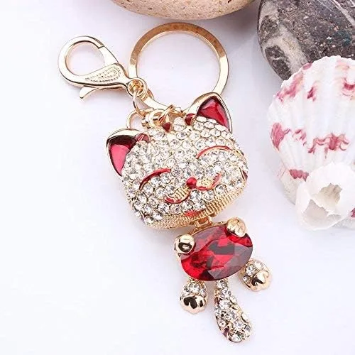 Vista 3 de Lindo gatito gato Bling cristales Rhinestone llavero llavero titular bolso encanto para los amantes de las mascotas rojo