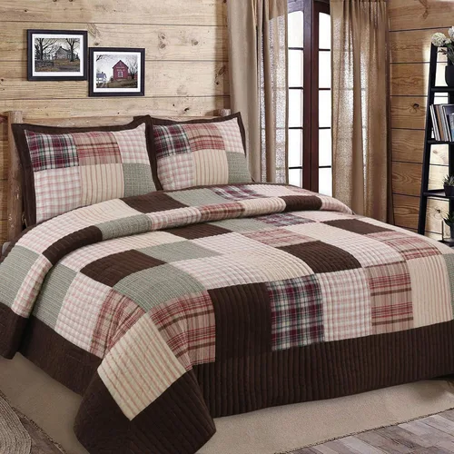 Vista 19 de Cozy Line Home Fashions Juego de ropa de cama reversible con diseño de mosaico real Brody Farmhouse Chocolate Plaid a rayas, colcha colcha