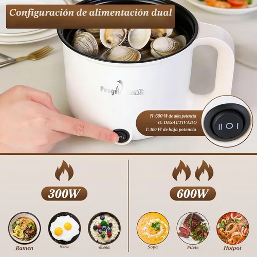 Vista 5 de Olla caliente eléctrica con vaporizador, cocina de fideos rápidos, olla caliente eléctrica interior de cerámica portátil de 1.8L