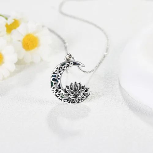 Vista 4 de JERWLI Collar de flor de loto de plata de ley 925 con colgante de luna de loto, joyería para mujer, Plata esterlina, No es una piedra preciosa