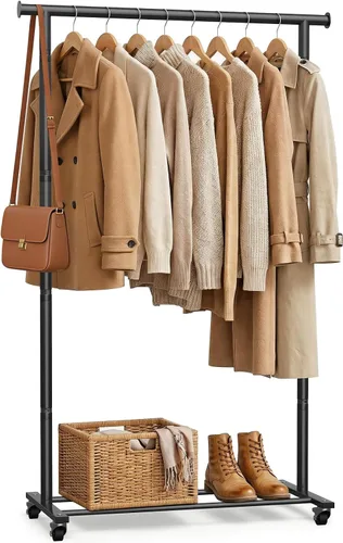 Vista 8 de Perchero de ropa con ruedas para colgar ropa, perchero resistente para ropa portátil, estante de metal para dormitorio, lavandería, sala de estar
