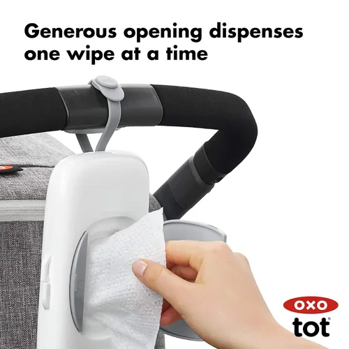 Vista 4 de OXO Dispensador de toallitas Tot Perfect Pull color azul marino, 1 unidad (paquete de 1) y dispensador de toallitas Tot On-The-Go - gris, 1 unidad