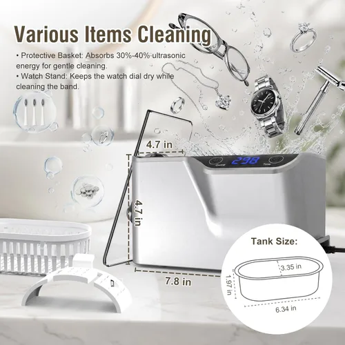 Vista 7 de LifeBasis Limpiador ultrasónico, limpiador ultrasónico profesional de joyas de 45 kHz, 20 onzas (20.3 fl oz) con temporizador digital, soporte