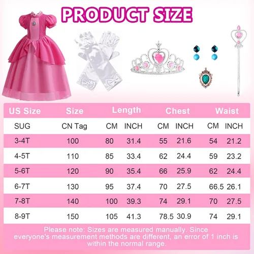 Vista 4 de WYB Princess Peach Costume Dress Halloween Cosplay Dress Up for 3-9 Years Girls Kids Outfits with Crown Gloves Scepter Earing