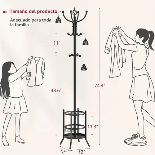 Vista 2 de Tajsoon Perchero con Soporte para Paraguas, Árbol de Abrigos Independiente con 16 Ganchos, Soporte para Perchero para Sala de Estar, Dormitorio Negro