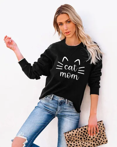 Vista 2 de Sudadera con diseño de gato y mamá para mujer, camiseta de manga larga con estampado de letras