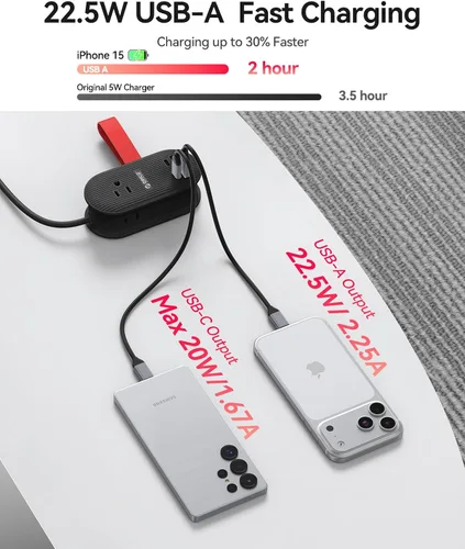 Vista 4 de ORICO Tira de alimentación de viaje de 22.5 W, estación de carga 7 en 1 (3 AC, 4 puertos USB) Cable de extensión de 4 pies, enchufe plano esencial