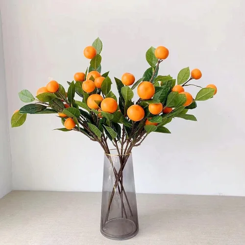 Vista 2 de 3 ramas artificiales de mandarina, rama naranja de simulación, rama de mandarina Kumquat, accesorios de frutas falsas realistas con hojas verdes
