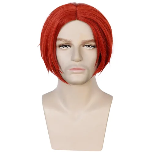 Vista 4 de IEBIYO Peluca roja de anime para hombre, peluca roja corta en capas rojas, peluca sintética unisex para Halloween, cosplay, fiesta de disfraces