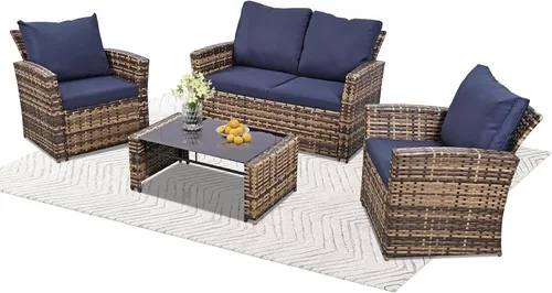 Vista 11 de Juego de 4 muebles de patio al aire libre, muebles de exterior, juego de sofá modular de mimbre para conversación al aire libre, juego de sofá