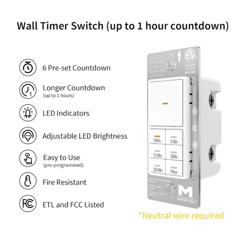 Vista 9 de Minoston Interruptor de luces de temporizador, 1-60 minutos, temporizador de pared de cuenta regresiva para ventiladores de baño, calentadores