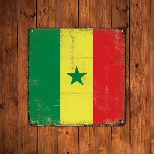 Vista 6 de Letrero de metal con bandera internacional del país, bandera de Senegal, regalo de bandera de Senegal, letreros de aluminio desgastados, decoración