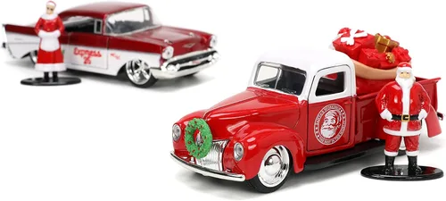Vista 4 de Jada Toys Holiday Rides 1:32 1941 Ford Pickup y 1957 Chevy Bel-Air - Coche fundido a presión con figura de Papá Noel y Sra. Santa Claus de 1.65