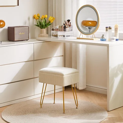 Vista 5 de YMYNY Taburete de tocador con almacenamiento, taburete otomano cuadrado, taburete de maquillaje multifuncional moderno para dormitorio, sala de Beige