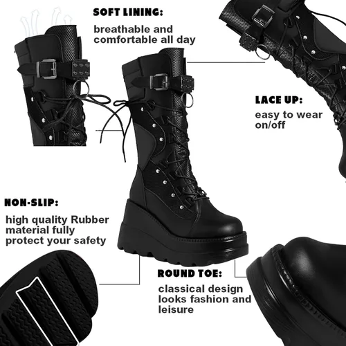 Vista 3 de Botas de plataforma para mujer, botas góticas de media pantorrilla Negro